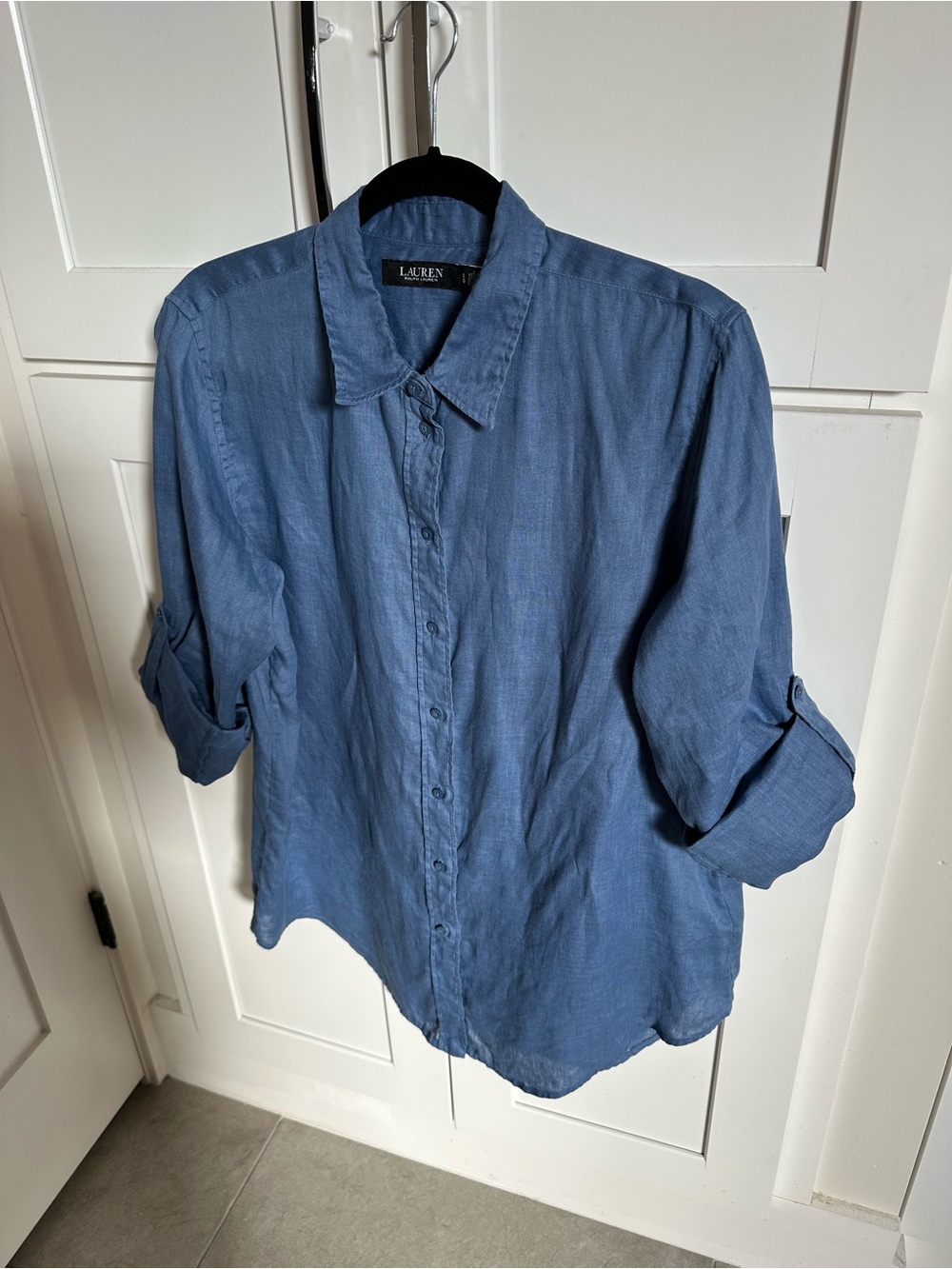 Lauren Ralph Lauren Carson Blue Linen Roll Up Sleeves Top Size Large
